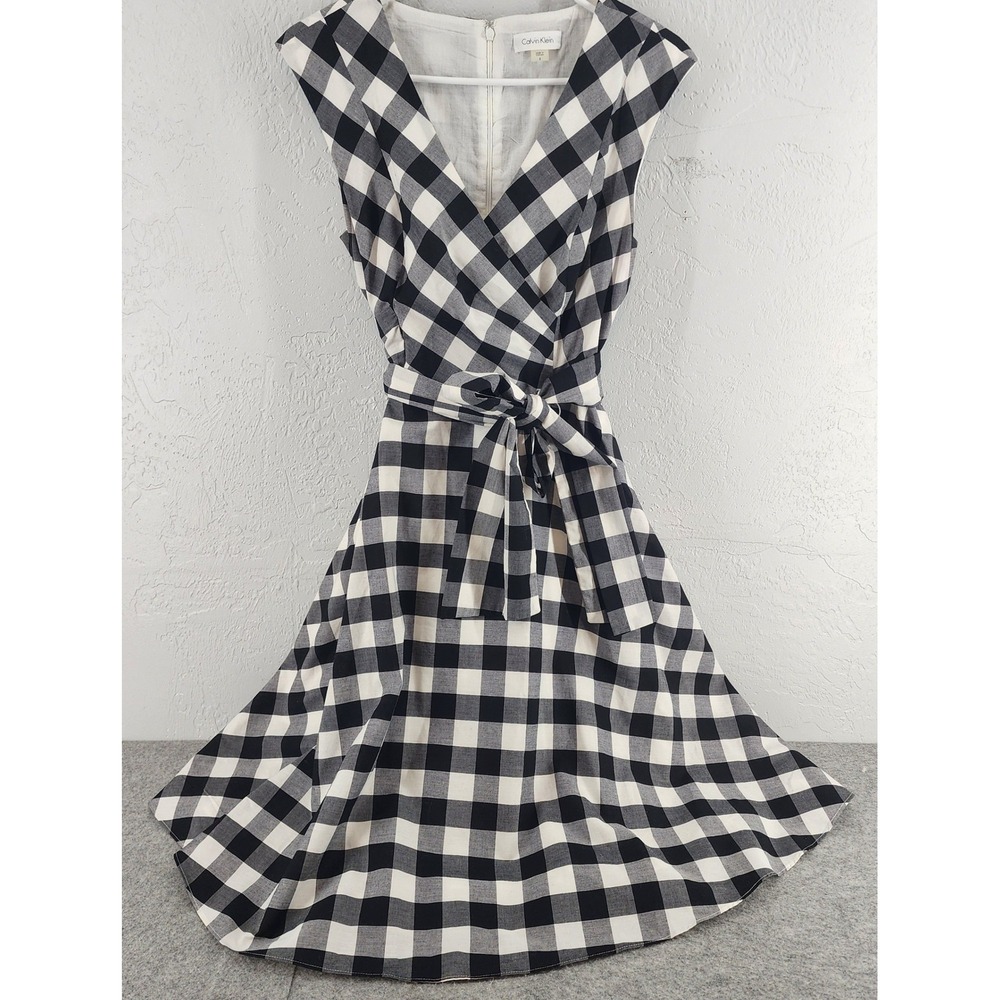 Calvin Klein Black White Gingham Check Sleeveless Belted Fit Flare Wrap Dress 8